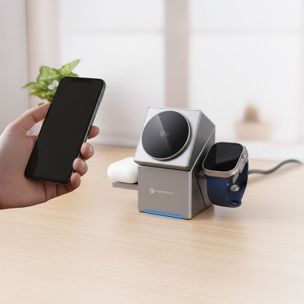 Încărcător wireless forcell f energy 3in1 rotation cube qi2 compatibil cu magsafe (f 06) argintiu